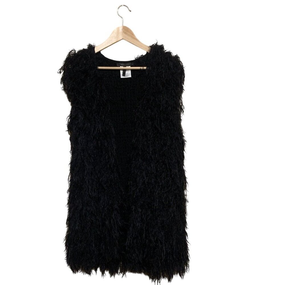 BCBGMAXAZRIA Black Shaggy Long Open Front Vest Womens Sz S‎ Witchy Goth Mob Wife